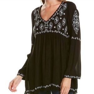 Beachlunchlounge Floral Embroidered Baby Doll Tunic Top Women XS Black